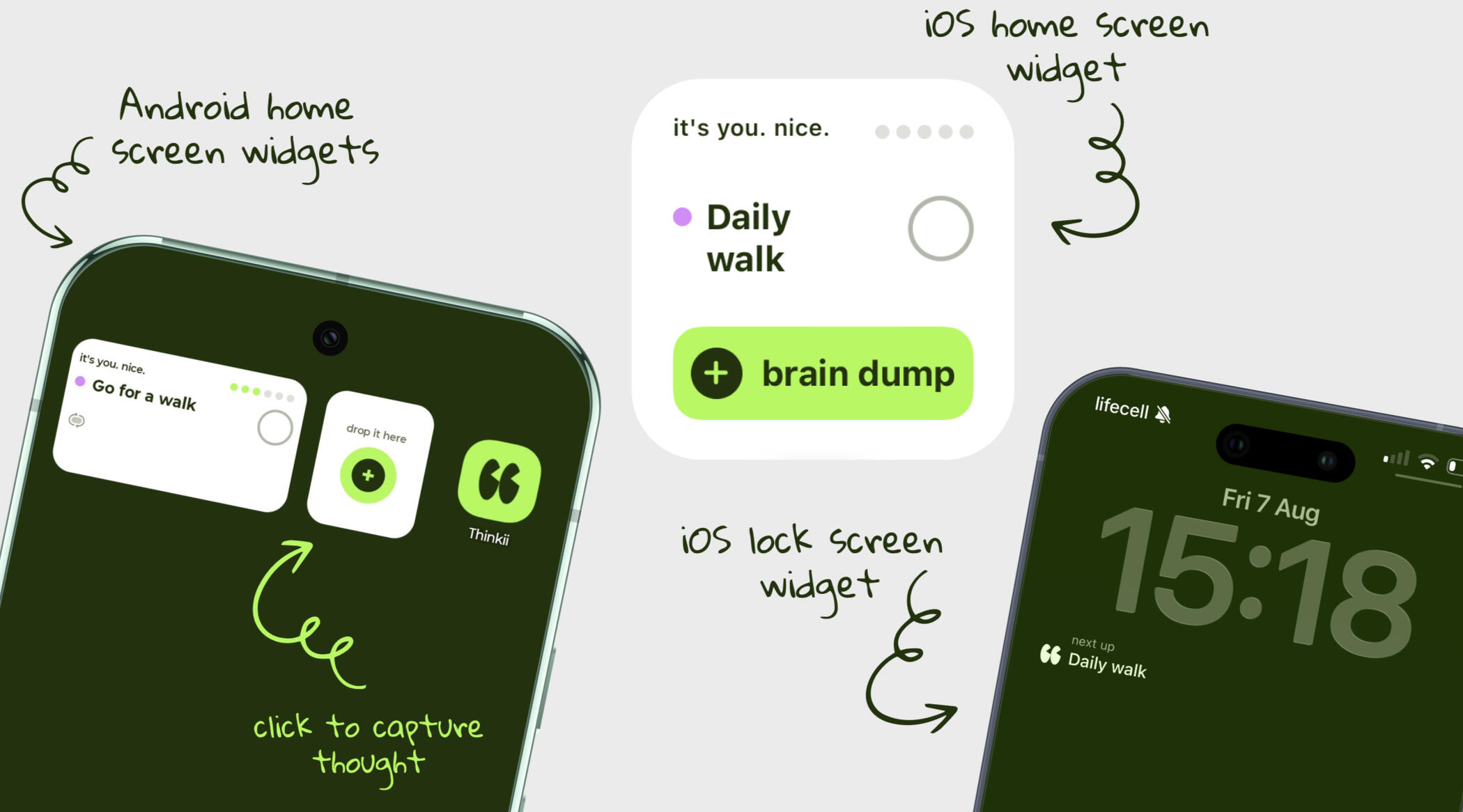 Thinkii home screen and lock screen widgets Thinkii widgets for iPhone and Android — home screen widget showing daily tasks and lock screen widget showing next task at a glance